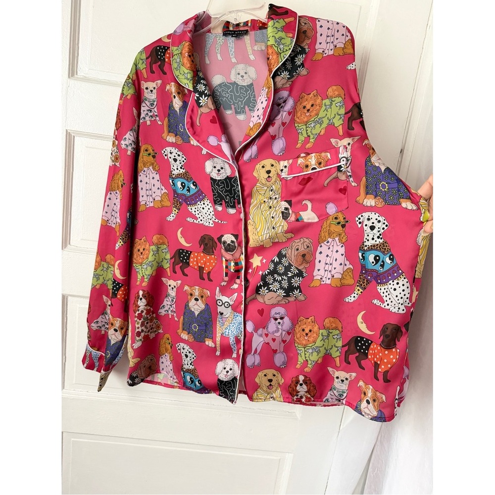 Karen Mabon Pink Dog Print Satin Long Sleeve Pajama Top Button Front XL - Picture 7 of 16